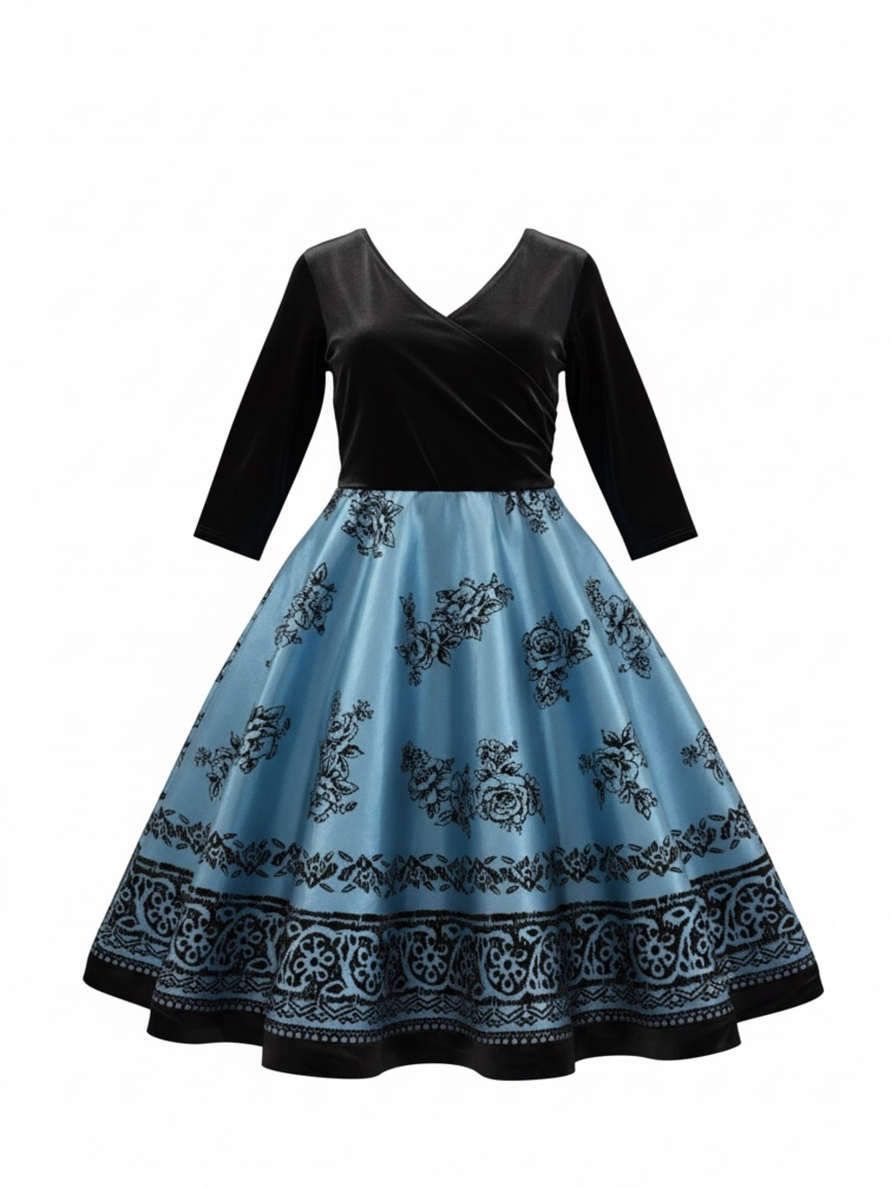Vintage Teal & Black Flocked Roses Glam Velvet Dress Y2K Evening Full Skirt